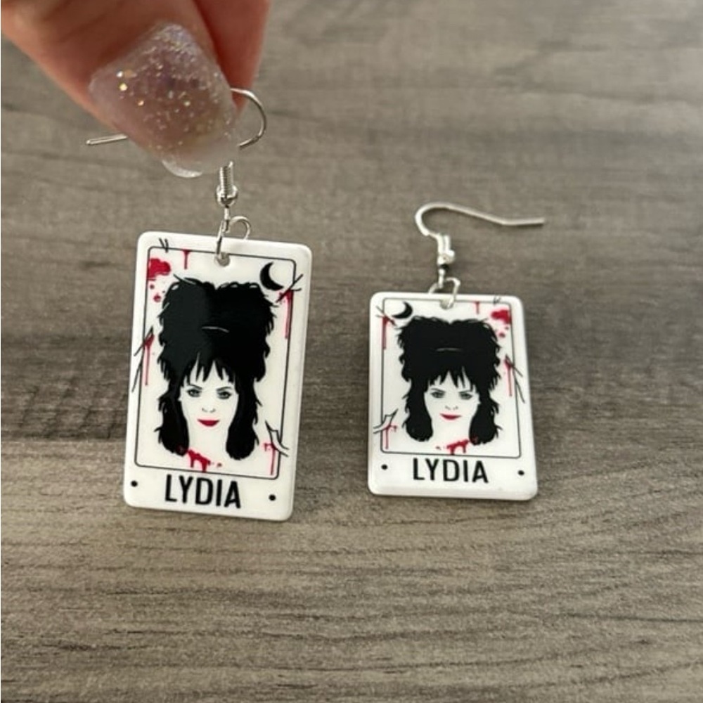 Handmade “Beetlejuice” Lydia Deetz Tarot Card Dangle Earrings